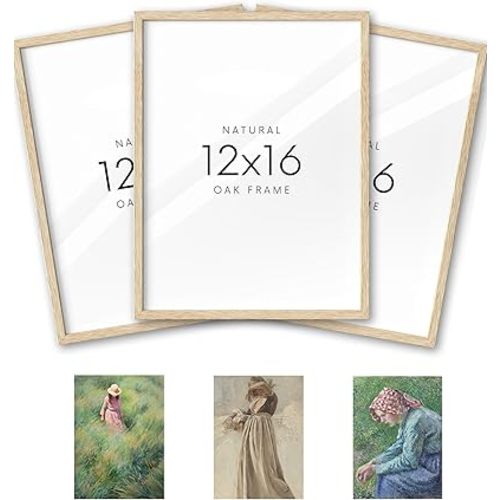 KensTro 12x16 Set of 3 Natural Oak Wood Picture Frame with 3 Prints,12x16 Minimalist Natural Solid Wooden Picture Frames for 12"x16" Posters,Wall Art,Photos,Prints,Paintings