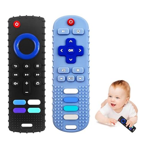 2-Pack Silicone Baby Teething Toys, TV Remote Teethers for 6-12-18 Months Infant, Fire Stick Remote Control Shape Baby Silicone Teethers, Chew Toys for Boys and Girls (New-F Black+R Blue)