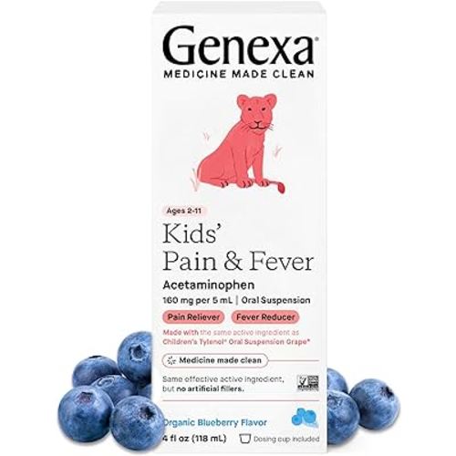 Genexa Children's Acetaminophen Pain and Fever Reducer | 160 mg per 5mL | Made with Delicious Organic Blueberry Flavor | 4 Fluid Ounces