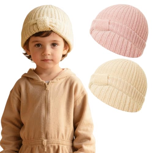 Dhthdrh 2Packs Baby Beanie Bow Hat Winter Knitted Warm Soft Knit Hat Cute Bow Infant Toddler Cuffed Beanies Fleece Lined Knitted Multi