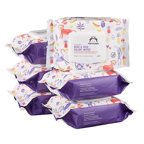 Amazon Brand - Mama Bear Saline Nose and Face Baby Wipes, Hypoallergenic, Unscented, 180 Count (6 Packs of 30)