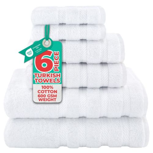 American Soft Linen 6 Piece Towel Set, 100% Cotton Bath Towels for Bathroom, Bright White