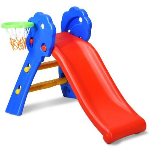 Costway 2 Step Children Folding Slide w/ Basketball Hoop For Kids Indoor & Outdoor