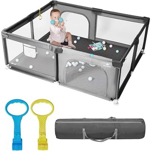 dearlomum Baby Playpen with Non Removable Mat, Extra Large Play Yard for Babies & Toddlers, Portable Travel Playpen, Baby Activity Center for Indoor & Outdoor Use (Gray 59"×71")