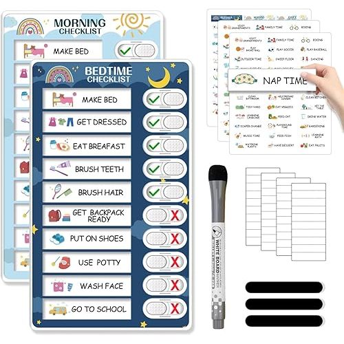 2 in 1 Bedtime/Morning Routine Chart for Kids Toddlers, Magnetic Chore Chart for Kids, Cute Visual Schedule for Kids Schedule Board for Home, Kids Checklist to Do List ADHD Tools for Kids