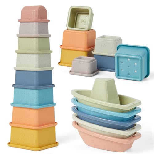Baby Bath Toys for Toddlers, 13PCS Mold Free Bath Toys for Kids with Stacking Cups & Floating Boats, Baby Nesting Cups and Bathtub Water Play Pool Toys Early Learning Educational Gift, Neutral Color