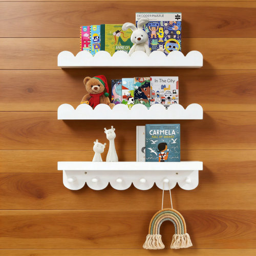 Ophelia & Co. Floating Kids Bookshelf Set Of 3 With Hooks, Wood Scalloped Nursery Shelves For Wall, Book & Toy Storage For Baby Room, Playroom Organization | Wayfair