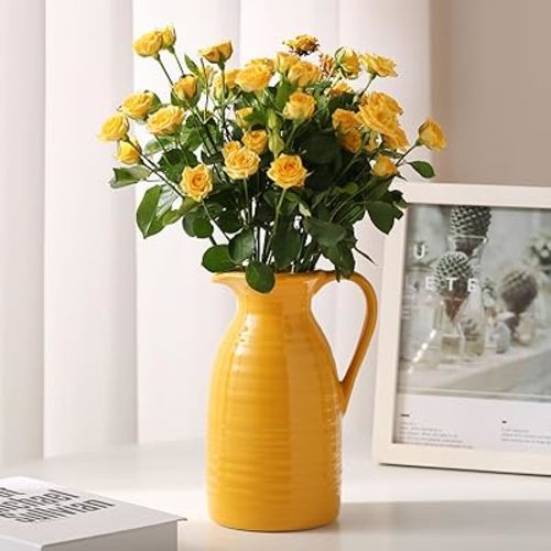 hjn Farmhouse Pitcher Vase for Flowers- Decrative Pitchers White Ceramic Pitcher Yellow Vase for Your Kitchen/Home Decor/Office/Living Room/Bookshelf/Mantel/-Yellow
