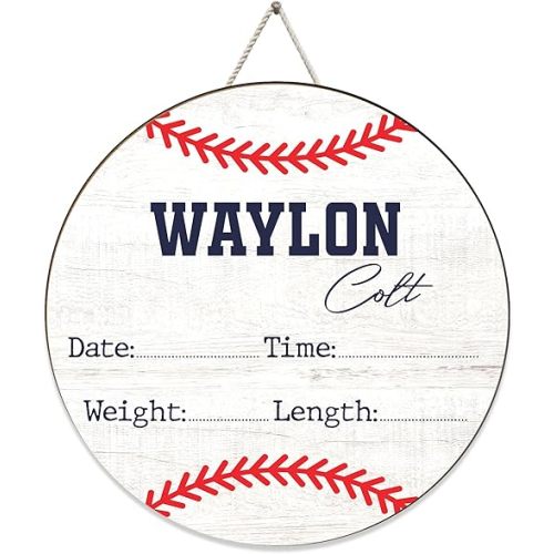 Baby Name Signs for Nursery Decor, Personalized Baby Name Signs, Baby Birth Announcement Sign for Hospital, 6-18 in Wood Birth Stat Sign for Baby Photography Prop Baby Shower Gifts (Baseball)