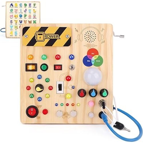 Busy Board,Montessori Toys for 1-3 Years Old, Wooden Toddler Toys, Autism Sensory Travel Toy, Ideal Gift for 1+ Year Old Boys (Busy Board v4)