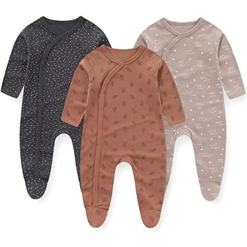 Unisex Baby Boy Girl Footies Rompers Cotton Long Sleeve 3 Pack Infant Jumpsuits 0-12Months Babies' Outfits