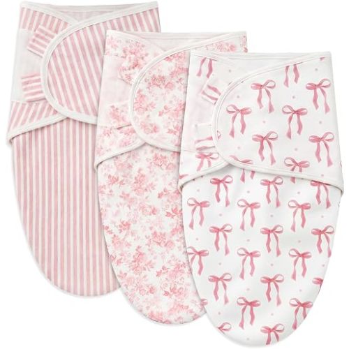 Janmercy 3 Pack Newborn Swaddle Blankets Soft 100% Cotton Blankets for Girls Cute Pink Floral, Striped & Bow Print Swaddling Wraps Breathable Infant Essentials Gift Set (0-3 Months)