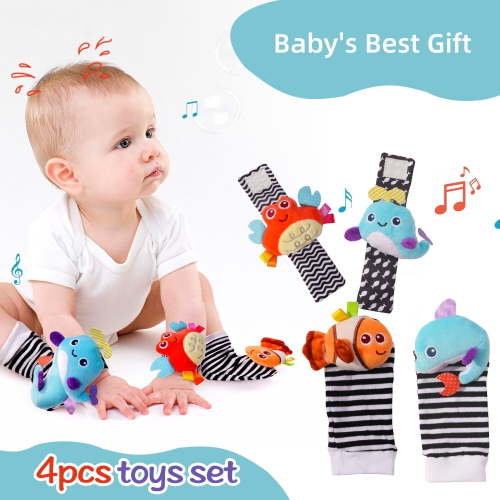 4PCS Cute Sea Animal Baby Rattle Socks & Wrist Toys,Newborn Toys for Baby Boy Girl - Development Learning Infant Toys for 0-6, 6-12 Months Babies - Newborn Brithday Christmas Gifts