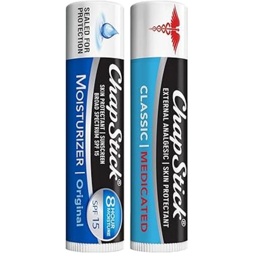 ChapStick Dry Lips & Cold Sore Pain Relief Bundle – Classic Medicated ChapStick + Original Moisturizer Lip Balm with SPF 15, 0.15 Oz Ea (2 Piece Set)