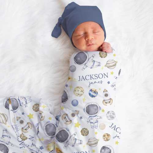 Personalized Rocket Swaddle Blanket Space Name Baby Blanket Sun Newborn Baby Boy Coming Home Outfit Hospital Photo Outfit Baby Shower Gift