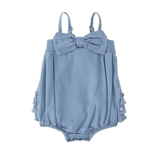 RuffleButts Baby Girls Bow Front Bubble Woven Romper - Baby Girl Romper | 100% Cotton Denim, Solid Pattern, Classic Fit, Round Collar, Elastic Leg Openings, Snap Closures, Machine Wash Tumble Dry