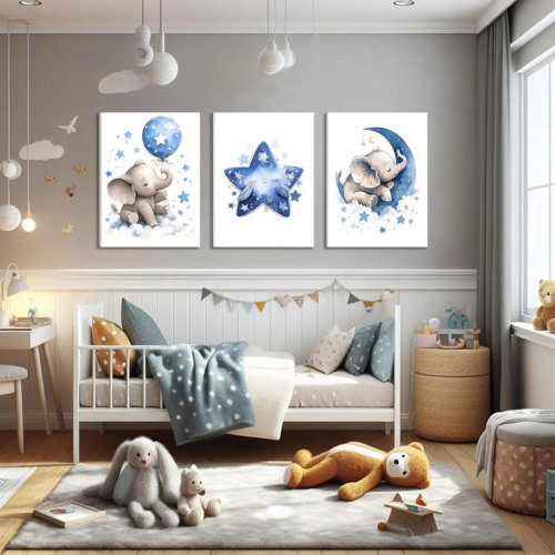 Indigo Safari Baby Boy Nursery Canvas Wall Art Set Of 3, Blue Elephant Moon And Stars Picture Wall Decor Painting, Cute Animal Baby Girl Nursery Posters Prints For Kids Room Bedroom 16X24 In Framed | Wayfair