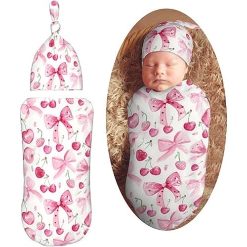 Cute Bows Pink Cherry Newborn Swaddle Blankets Hat Sets Soft Baby Receiving Blanket Swaddle Sack for Baby Shower Infant Boy Girl Gift