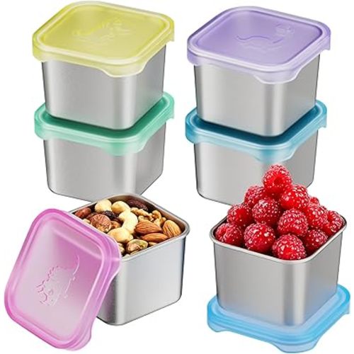 6-Pack Small (6 oz) Stainless Steel Snack Containers for Kids, Easy-Open Toddler Snack Containers with Lids - Cute Dinosaur Small Stackable Metal Lunch Box for Daycare, School, Travel