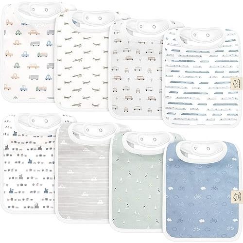 KeaBabies 8-Pack Organic Baby Bibs for Boys, Girls - Large & Absorbent Cotton Drool Baby Bibs 6-12 Months, Eating, Teething Toddler Boy, Girl Newborn Spit Up, Ultra Soft & Machine Washable (Vessels)