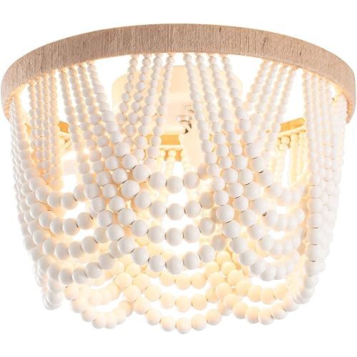 VILUXY Bohemia Wood Beaded Flush Mount Ceiling Light Antique Rustic Mini Chandelier White Finishing for Bedroom,Nursery Room, Girl Room, Hallway, Entryway, Passway, Dining Room, 3-Light UL Listed