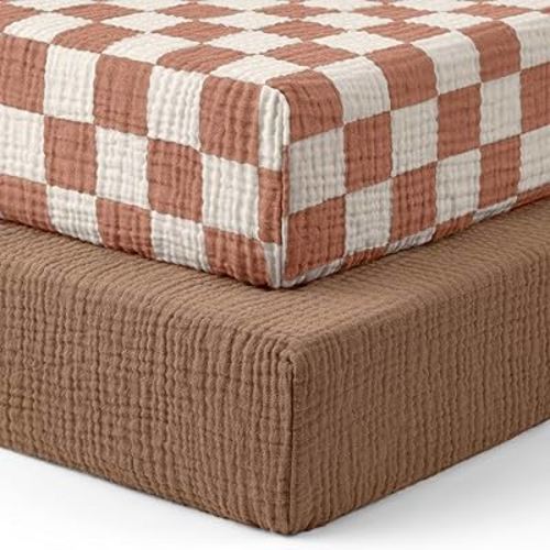 Blissful Diary Muslin Crib Sheets for Girl Boy, Boho Neutral Soft Cotton Baby Sheet for 52''x28'' Standard Crib Mattress, 2 Pack(Brown Checkboard & Brown)