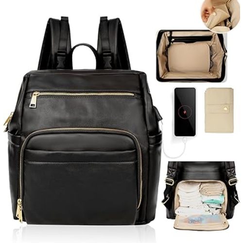 Omanmoli Diaper Bag Backpack Leather Large Baby Diaper Bag Essentials With 18 Organizing Pockets,6 Insulated Pockets,USB Charging Port,Stroller Straps,Changing Pad (Brown)
