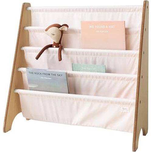 3 Sprouts Kids Bookshelf with Recycled Fabric - 4-Tier Sling Storage for Kids Rooms Holds 35 Titles - Toddler Organizer for Ages 3+ - Pink