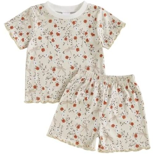 fhutpw Toddler Baby Girls Summer Clothes Floral Crewneck Short Sleeve T-Shirts Tops Ruffle Shorts Cute Outfits Set 6M-4T