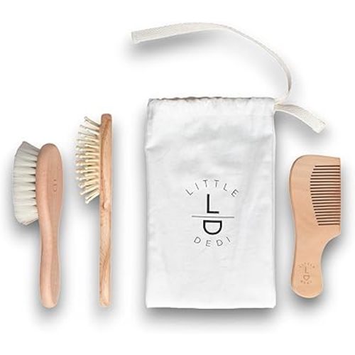 Premium Baby Hair Brush Set – Natural Goat Hair & Bamboo Bristle Brushes, Beechwood Comb, Cotton Pouch – Gentle Scalp Care for Newborns & Toddlers, Gift-Ready & Eco-Friendly