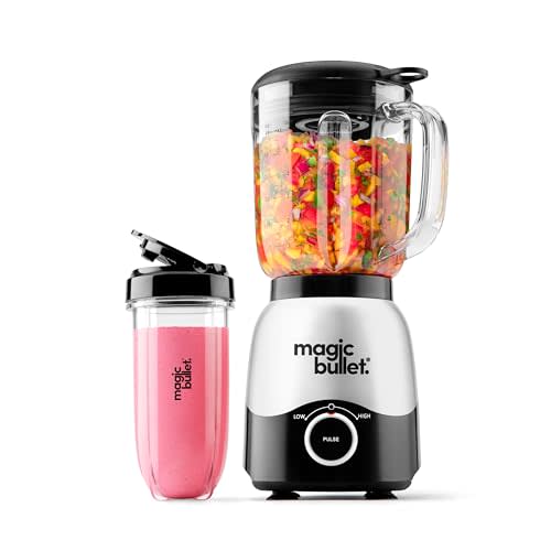 Magic Bullet® Combo Blender, 600W, 48oz Pitcher, 16oz Cup with To-Go Lid, Easy Cleaning, Cross Blade, for Smoothies, Sauces, Shakes, Salsa, Hot Blends, Silver, MBF50200