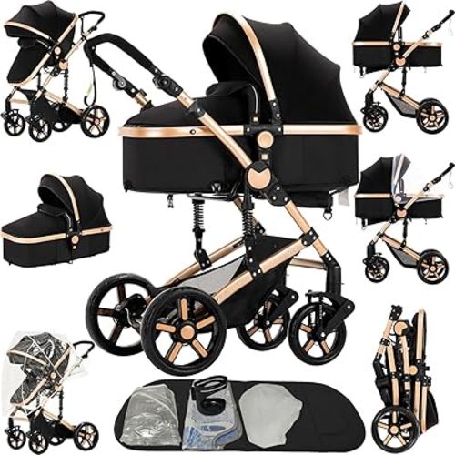 2 in 1 Baby Stroller Reversible Portable Standard Baby Stroller Convertible Pushchair Infant Buggy Baby Carriage Foldable High Landscape Pram for Toddler Newborn (2US588-BG 2 in 1)
