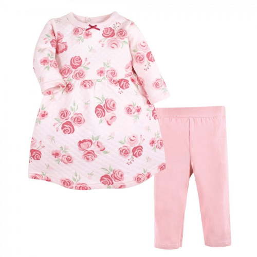 Hudson Baby Infant Girl Quilted Cotton Dress and Leggings, Blush Rose, 18-24 Months