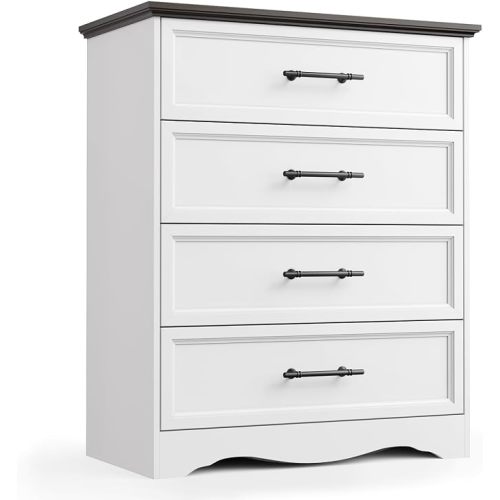 White 7 Drawer Dresser for Bedroom, 52" Tall Chest of Drawers | Brushed Metal Handles, Unique Base Design, Replicated Wood Grain Finish, Modern Farmhouse for Bedroom/Living Room/Hallway