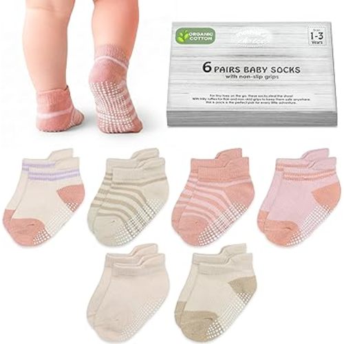 Mother's Choice Organic Cotton Ankle Baby Socks 1-3 Years – 6 Pairs, Soft Breathable Non-Slip Socks for Baby Boys & Girls with Anti-Skid Grip