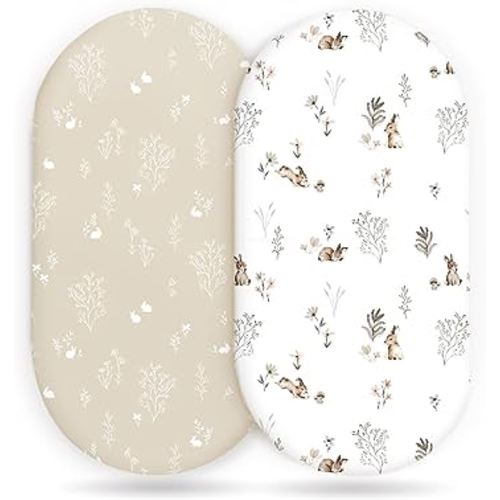 GRSSDER Stretch Ultra Soft Fitted Bassinet Sheet Set 2 Pack, Universal Fit for Bassinets Baby Cradle Moses Basket Oval Rectangle Mattress Safe and Snug, Stylish Watercolor Rabbit Pattern
