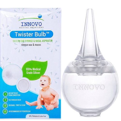 Innovo FSA/HSA Eligible Hospital Grade Silicone Twister Bulb Baby Ear Syringe and Nasal Aspirator, Sucks Snot and Mucus, Cleanable and Reusable, Clear