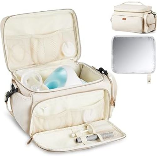 VEVOR Breast Pump Bag, Breast Feeding Bag with Waterproof Mat, Fits for S1/S2, Pumping Accessories & Breastmilk Storage, Portable Pump Carrying Case for Work, Travel and Family Use, Beige