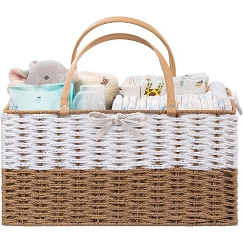 HBlife Baby Diaper Caddy Organizer, Paper Rope Storage Baskets Nursery Bin with Removable Divider, Portable Car Organizer for Diapers, Baby Shower Gifts, Newborn Essentials Must Haves