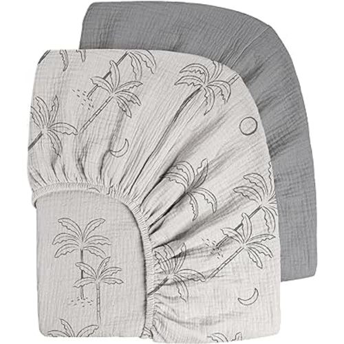 Muslin Crib Sheets 100% Cotton Baby Crib Sheets Fitted for Standard Crib Mattress & Toddler Bed Mattress 52"x28" Soft Breathable Crib Sheets Neutral for Boys Girls - 2 Pack (Coconut Trees)