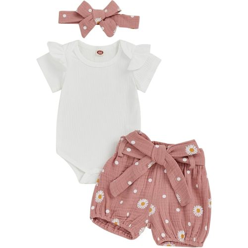 Kaipiclos Newborn Infant Girl Clothes Rib Knit Romper Daisy Print Shorts Headband Baby Summer Clothes 0 3 6 12 18 24 Months