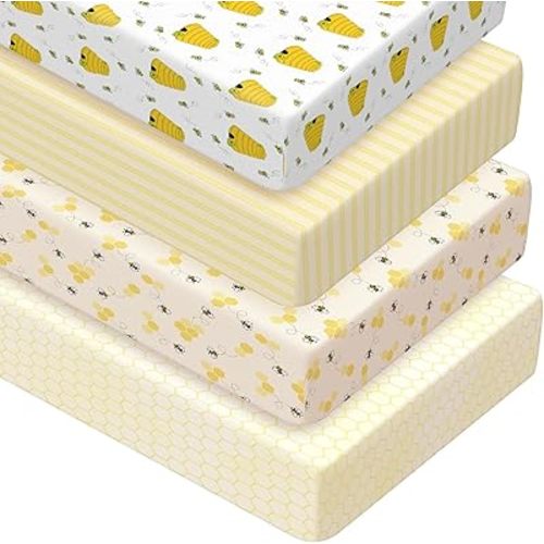 Peryiter 4 Pack Crib Sheets Girl Soft Baby Bed Sheet Set 52'' x 28" Nursery Crib Sheets for Standard Bed for Nursery Decor Baby Boys or Girls (Yellow,Bee)