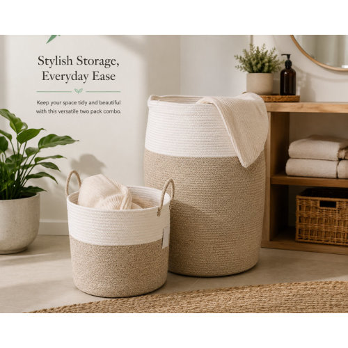 Highland Dunes Two Pack BUNDLE Cotton Rope Extra Large 26" X 19"Hamper And Large Cotton Rope Basket 15" X 13" | Wayfair