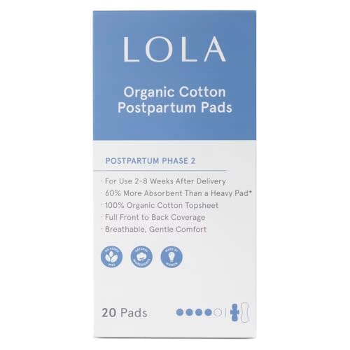 LOLA 100% Organic Cotton Postpartum Pads - 20 Count, Ultra Absorbent and Extra Long Pads, Overnight and Full Coverage, Adult Incontinence Pad for Women, Postpartum Essentials Phase 2