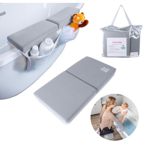 FiveStarBaby Bath Kneeler and Elbow Rest Pad Set - Extra Comfortable and Soft Bath Kneeling Pad for Bathing Baby with Bath Toys Organizer - Thick Memory Foam, Quick-Dry Bathtub Kneeling Set (Grey)