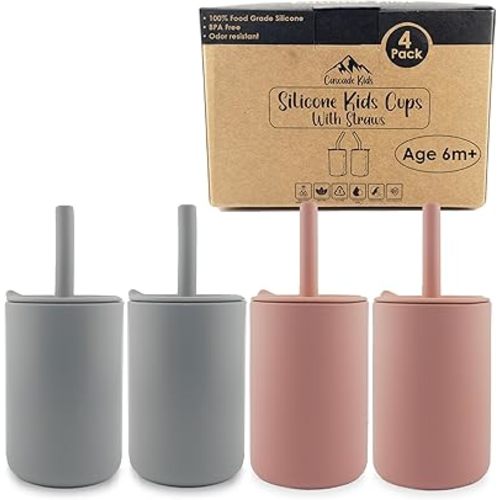 Silicone Toddler Smoothie Cups with Straw, Unbreakable Training Cup with Straw for Babies and Toddlers for less mess, BPA-Free Silicone Baby cup, 6+ Month, 6oz, 4 pack Pink/Grey