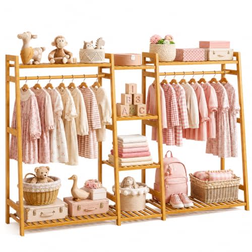 BAMBOOHOMIE Kids Clothing Rack with Shelves, Bamboo Clothes Garment Rack for Kids Child Baby, Kids Dress Up Storage Rack with Top Shelf, Toddlers Wardrobe Closet for Nursery (Large Size)