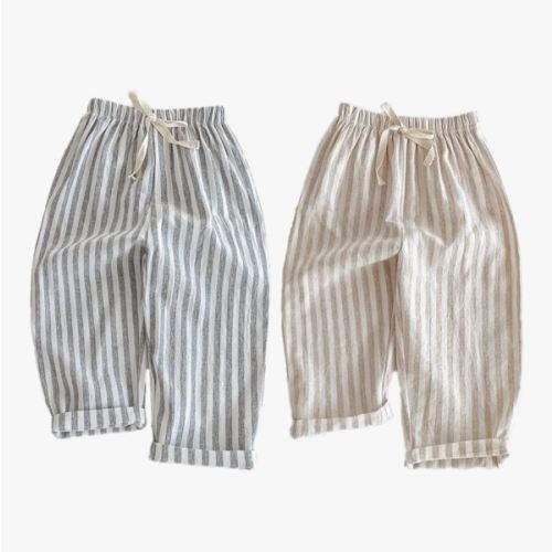 Classic Casual Pants for Boys Thin Cotton Stripe Elastics Waist Spring Summer Trousers Toddler Long Pants 2Pcs