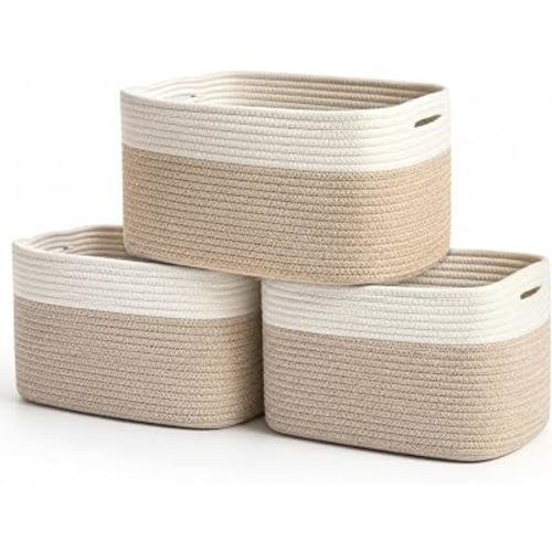 Light Honey Cotton Rope Baskets for Shelves, Set of 3 - 15"×10"×9½" - Woven Storage Baskets for Organizing - Closet, Nursery, Bedroom, Playroom - Toys, Books, Towels, Clothes
