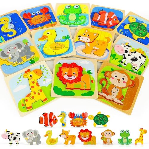 TOY Life Wooden Animal Puzzles for Toddlers 1-3, 12 Piece Puzzles for Kids Ages 2-4, Toddler Puzzles Ages 1-3, Montessori Puzzles for 1 2 3 Year Old, Baby Puzzles, Learning Toy for Toddlers 1-3 - 12Pack Wooden Puzzles